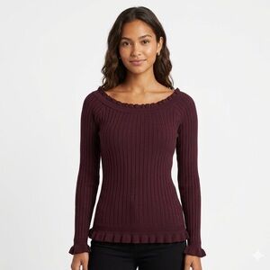 Miss Selfridge (ASOS) Dark Red Peplum Sleeve Off Shoulder Top — Size 2